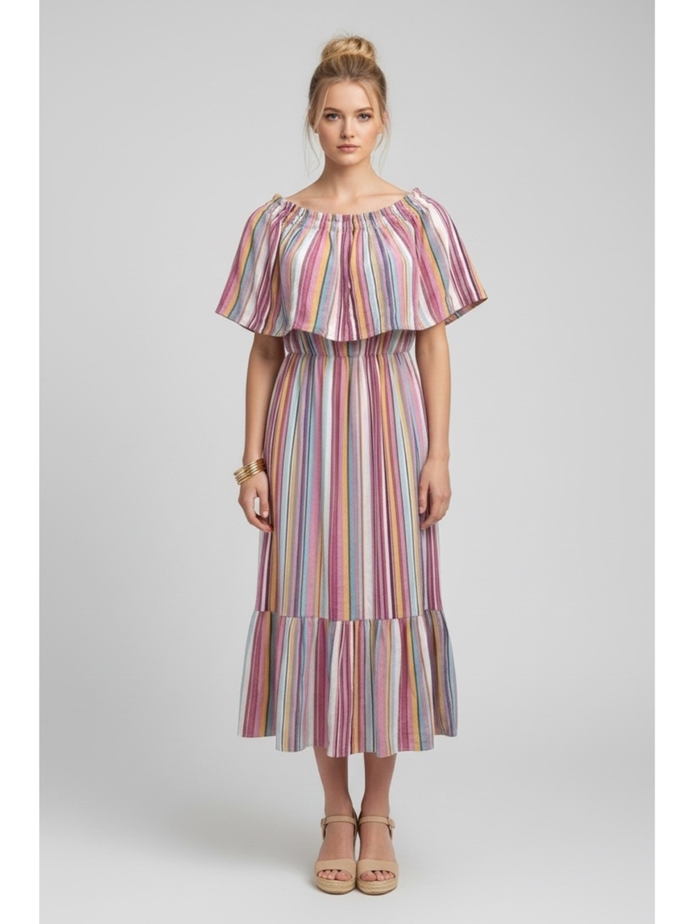 NWT And The Why Pastel Rainbow Stripe Off-The-Shoulder Bardot Maxi Dress M